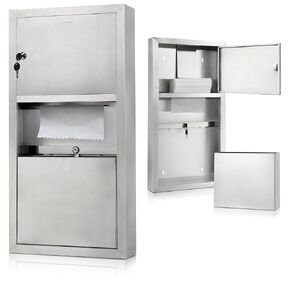 Alpine Wall Mounted Commercial Paper Towel Dispenser with 2 Gallon Wall Trash Can, Stainless Steel for C Fold, Multifold and Tri Fold Paper Towels, Brushed Finish, Lockable for Commercial Bathrooms