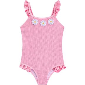 LIZENS One Piece Swimsuit for Girls, Pink Beach Swimwear with Floral Embroidered Ruffled, Bathing Suit for Kids 2-12