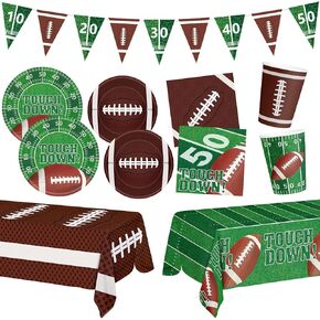 99 Pcs Football Party Supplies Sets, Includes Touchdown Dinner Plates, Dessert Plates, Napkins, Rugby Tablecloths, Cups and Banner for Football Birthday Gameday Tailgate Party Decorations, Serves 24