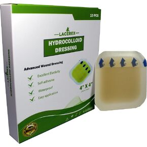 AWD Hydrocolloid Bandages -Sterile Self-Adhesive Hydrocolloid Dressing for Advance Healing | 10-Pack, 4 inch by 4 inch| Flexible, Latex Free, Water Resistant, Comfortable, Light Exudate Wound Patch.