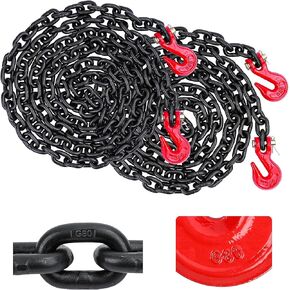 3/8" G80 Chain with Hook, 2 Pack Grade 80 Transport Binder Chain 3/8 inch X 10 feet, Tow Chains Trailer Safety Chain with Grab Hooks,7,100 Lbs Working Load Limit for Pulling Towing Securing