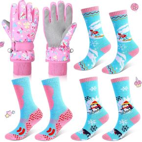 Kids Ski 4 pcs Set Include 3 Pairs 3–6 Years Kids Ski Socks Thermal Winter Snow Socks for Girls Boys Toddler, 1 Pairs Winter Gloves for Kids Waterproof for Skiing Snowboarding