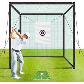 Golf Cage Net Golf Cages with Frame and Net 10x10x10 Golf Net for Driving and Hitting Practice Includes Stability Rope Target Cloth and Swing Mat Color Green