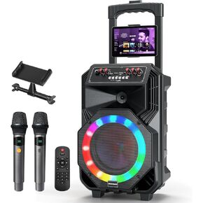 Karaoke Machine with 2 Wireless Microphones, Rolling Wheels, and Trolley – 8800mAh Portable Bluetooth Speaker, PA System with Lights, Adjustable Bass/Treble/Echo for Parties, Indoor and Outdoor Use