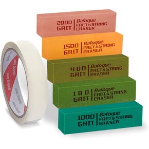 5pcs Fret Erasers Grits, Fret Polishing Cleaner & Masking Tape, Guitar Fret Polishing Abrasive Rubber Blocks Tool, Clean Fret Wire/String/Metal(180& 400& 1000& 1500& 2000 Grit)