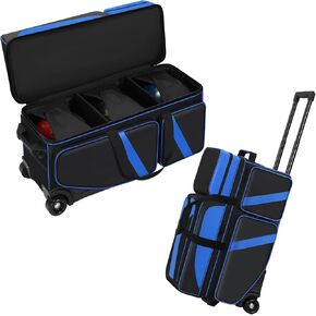 3 Ball Bowling Bag with Wheels, Bowling Roller Bag 3 Ball Rolling Bowling Bag with Shoe Compartment (Fits Up to Size 16), Bowling Bag 3 Ball Roller with Retractable Handle Extends to 41.5"