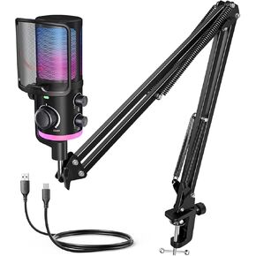 FIFINE USB-PC-Microphone-Kit, Gaming-Streaming-Microphone with Boom Arm for PS4 PS5, Computer-Condenser-Mic for Twitch Podcast YouTube Discord, RGB-Mic Set with Mute, Gain Knob-AmpliGame AM6T