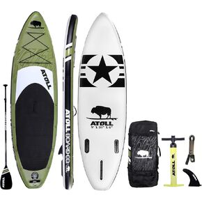 Atoll Inflatable Stand Up Paddle Board ISUP, Bravo Hand Pump and 3 Piece Paddle, Travel Backpack and Accessories New Leash Included Two Sizes - 11ft and 9ft