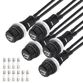 Tnisesm 5 Pcs Panel Mounted 5x20mm Screw Cap Fuse Holder with Pre-Soldered Wires AC 250V 10A/AC 125V 15A with 10 Pcs Glass Tube Fuse(10A+15A)