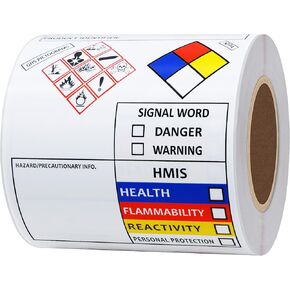 SDS OSHA Data Labels for Chemical Safety 3×4 Inch MSDS Stickers with GHS Pictograms HMIS & Hazard Compliant Secondary Containers, 100 Stickers Per Roll