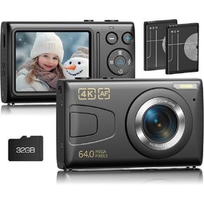 Digital Camera 4K 64MP Vlogging Camera Autofocus Point and Shoot Digital Cameras for Photography Camera for Kid Student Children Teen Girl Boy, 18X, 2 Batteries, 32GB Card