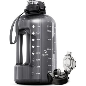AQUAFIT 128 oz Water Bottle with Time Marker, BPA Free 1 Gallon Water Bottle with Straw, Gym Water Bottle with Handle, Gallon Water Jug, Big Water Bottle, Large Water Bottle (Gray, 128oz 2in1 Lid)