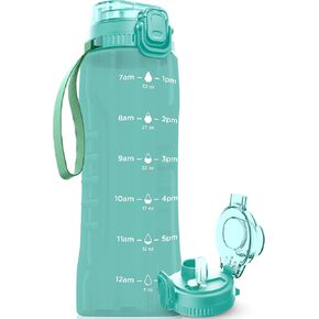 AQUAFIT 128 oz Water Bottle with Time Marker - 2in1 Straw & Chug Lid - BPA Free Big Water Bottle with Straw - Gym Water Bottle with Strap - Water Jug (128 Ounces, Gray)