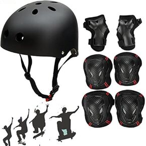 Adjustable Skateboard Skate Helmet with Protective Gear Knee Pads Elbow Pads Wrist Pads for Youth Outdoor Sports, BMX, Skateboard, Scooter, Bike, Roller, Kid's Protective Gear Set Black M