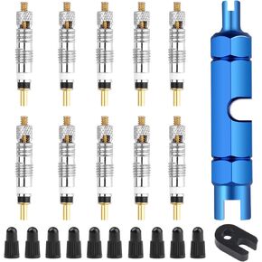 10Pcs Valve Core for Presta,Tubeless Valve Core Bike Bicycle Replacement Include 1 Alloy Valve Core Dismantle Tools 1 Disassembly Wrench 10 Valve Core Caps for Tubeless Road MTB Tires