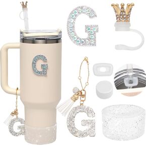 6Pcs Stanley Cup Accessories Set - Giltter Letter Charm for Cup Handle, Silicone Straw Cover with Crown, Diamond Letter Sticker, Sparkly Silicone Boot, Spill Proof Stopper for Tumbler 40Oz 30Oz