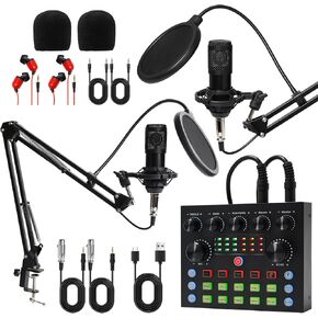 Podcast Equipment Bundle Kit For 2, Audio Interface with Voice Changer Condenser Microphones for DJ Mixer, All-in-One Recording Studio Equipment Perfect for Live Streaming, Singing, YouTube, Gaming