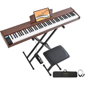 Digital Piano 88 Key Weighted with Piano Bench, 88 Key Full Size Semi Weighted Keyboard Piano, Electronic Piano for Beginner,with Adjustable Stand,Carrying Case,Sustain Pedal,Headphone (Brown)