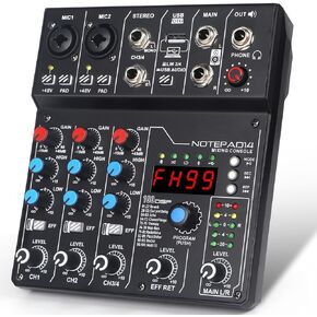 4 Channel Audio Mixer with 99 Sound Effects for PC,BT DJ Mixer Portable Sound Mixing Console with USB Recording Input for Live Streaming,Podcasting,DJ Show,Wedding