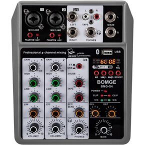 BOMGE Professional Audio Mixer, Sound Board Mixing Console with 4 Channel Digital USB Bluetooth Echo Delay Effect, Input 48V Phantom Power Stereo DJ Mixers for Recording, Live Streaming, Podcasting