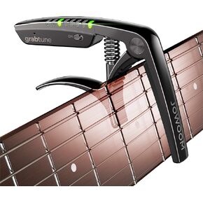 Grabtune Acoustic Guitar Capo-Tuner | 2 In 1 Equipment | Precise and Accurate Tuning System | Full Color LED Edge Lighting Display | USB Rechargeable Battery | Chrome Plating (Black)