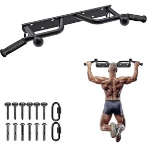 SELEWARE Heavy Duty Wall Mounted Doorway Pull Up Bar Fully Welded Multifunctional Chin Up Bar with with Resistance Band Hooks & Ball Finger Training, 500LB Capacity Support Beam or Joist Mount