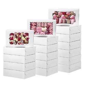 TOMNK 60pcs Bakery Boxes, 12x8x2.5 Inches 3 Style Cookie Boxes, Treat Boxes with Window for Candies, Chocolate Strawberries, Cakes, Muffins, Donuts