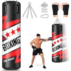Hanging Punching Bag for Adults, 4ft PU Leather Heavy Boxing Bag Set, Hanging Bag Boxing Equipment for MMA Karate Kickboxing Boxing Home Gym, Unfilled