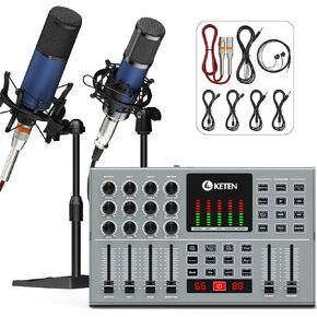 Podcast Equipment Bundle For 2, Keten Audio Interface with 48V & 3.5MM XLR Condenser Microphones for All-In-One DJ Mixer, Smartphone & PC, Perfect for Podcasting, Recording, Singing, Streaming, Gaming