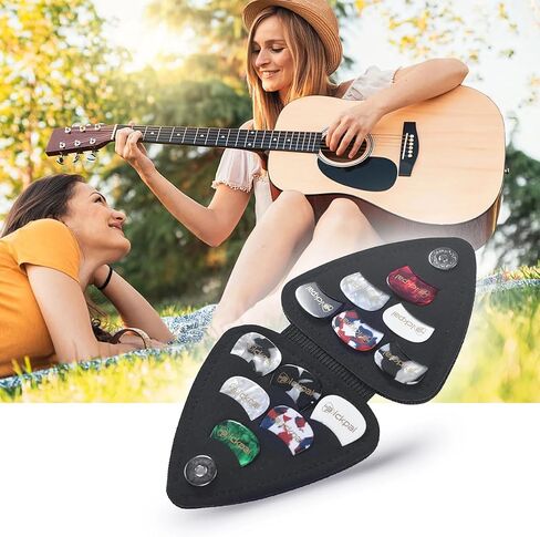 Guitar Pick Holder Case, PU Leather Guitar Pick Bag, with 12 pcs Celluloid and 6 pcs Metal Guitar Picks in Kuwait