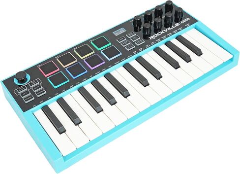 Rockville M25 25 Key USB Wireless MIDI Keyboard Controller, Bluetooth, 8 Pads and Knobs, Joystick, Arpeggiator, Compact, Perfect for Music Production in Saudi Arabia