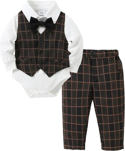 nilikastta Baby Boy Clothes Suits Infant Gentleman Outfit Dress Shirts/Vest/Tie/Pants 0-18M in Kuwait