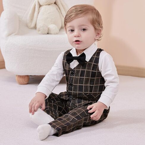 nilikastta Baby Boy Clothes Suits Infant Gentleman Outfit Dress Shirts/Vest/Tie/Pants 0-18M in Kuwait