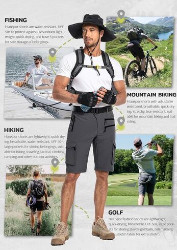 شورت Hiauspor الرجالي للمشي لمسافات طويلة سريع الجفاف وخفيف الوزن كاجوال لصيد الأسماك التكتيكي للجولف في الهواء الطلق مع 5 جيوب in Kuwait