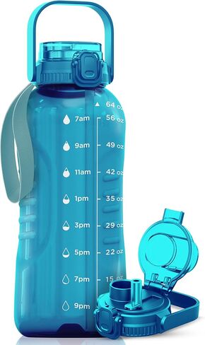 زجاجة مياه AQUAFIT سعة 128 أونصة مع قلم تحديد للوقت - غطاء 2 في 1 بماصة وغطاء - زجاجة مياه كبيرة خالية من مادة BPA مع شفاطة - زجاجة مياه للصالة الرياضية مع حزام - إبريق ماء (128 أونصة، رمادي) in Saudi Arabia