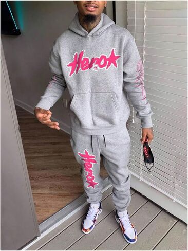 Men's 2 Piece Sweat Suit Set Long Sleeve Letter Graphic Hoodie Sweatshirt and Drawstring Joggers in Saudi Arabia