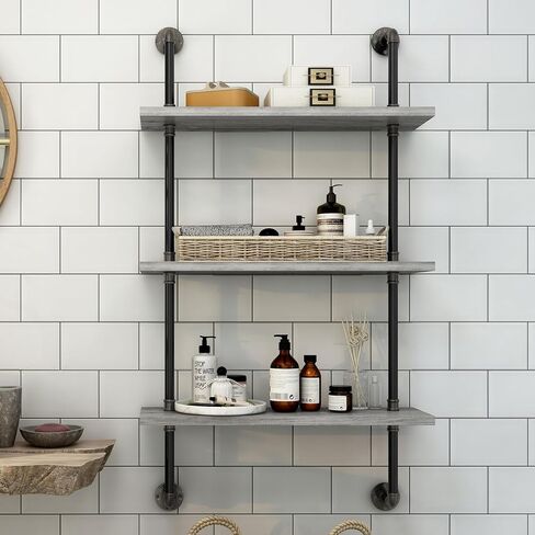 24/7 Shop at Home Citadel Industrial Metal 3 Tiers Decorative Wall-Mounted Shelf for Bathroom, Kitchen, Living Room, Bedroom, Home Office, Laundry Room, Entryway, Vintage Gray Oak in Saudi Arabia