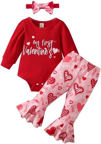 My First Valentine's Day Newborn Baby Girl Outfits Letter Romper Love Heart Print Bell-Bottom Flare Pants Headband in Kuwait