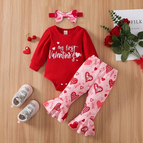 My First Valentine's Day Newborn Baby Girl Outfits Letter Romper Love Heart Print Bell-Bottom Flare Pants Headband in Kuwait