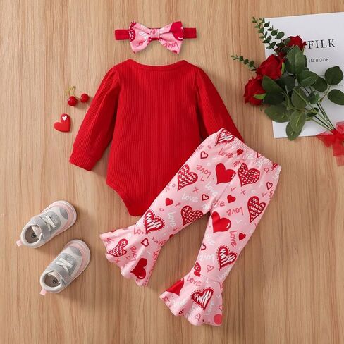 My First Valentine's Day Newborn Baby Girl Outfits Letter Romper Love Heart Print Bell-Bottom Flare Pants Headband in Kuwait