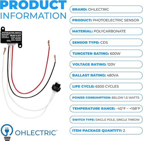 مستشعر كهروضوئي OhLectric - مفتاح كهروضوئي صغير بجهد 120 فولت - تصنيف تنجستن 600 وات - مدرج في قائمة UL ومقاوم للطقس - مستشعر خلية ضوئية من الغسق إلى الفجر للإضاءة الخارجية، عبوة من 2 - OL-45170 in Kuwait