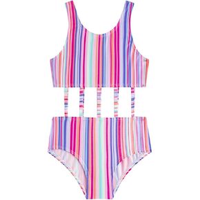 LIZENS Grils' One Piece Swimsuit Cute Rainbow Striped Swimwear Cut Out Waist Scoop Neck Bathing Suit