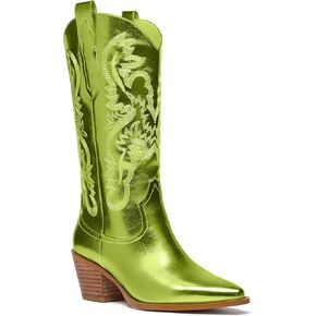 RKQ Women's Silver Sparkle Metallic Mid Calf Cowboy Boots Glitter Wide-calf Embroidered Cowgirl Boots Western Booties Pointed Toe Chunky Block Heel Pull On Tabs classic sexy party Boots 8.5
