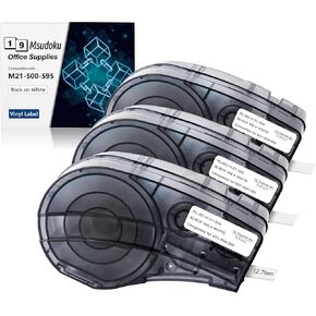 1/2'' Vinyl Label Compatible for M21-500-595-WT M21-500-595 Label Cartridge, 0.5" W x 21' L Black on White Tape for Indoor and Outdoor ID, Lab Labeling and Equipment Labeling, 3 Pack
