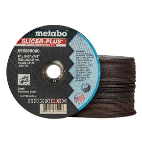 Metabo 655998000 50-Pack | 6-inch Slicer Plus Cutting Wheel | Type 1 | 6" x .045" x 7/8" | A60TX | Zirconia Alumina | Super Performance | Improved Performance in Steel, Stainless Steel
