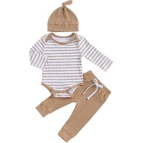 Newborn Baby Boy Girl Clothes Color Block Ribbed Kint Romper Bodysuit Jumpsuit Pants Set Hat Coming Home Outfits