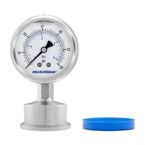 MEASUREMAN Stainless Steel Sanitary Pressure Gauge, 2.5" Dial, 0-30 PSI Range, Glycerin Filled, 1.5" Tri Clamp Bottom Mount