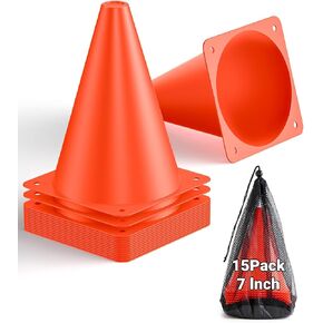 15 Pack Soccer Cones with Mesh Bag, 7 Inch Agility Marker Cones for Sports Training, Soccer, Basketball, Skating, Football, Traffic, Indoor and Outdoor Games