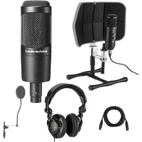 Audio-Technica AT2035 Cardioid Condenser Side-Address Microphone, Bundle With Desktop Isolation Filter (Gray), H&A Studio Monitor Headphones, 15' XLR M to XLR F Mic Cable, On-Stage Pop Blocker