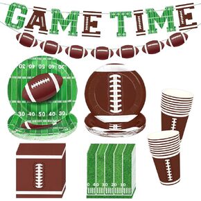 122 Pcs Football Party Supplies Kit Serve 24, Football Party Dinner Plates, Dessert Plates, Napkins, Cups, Banner for Football Birthday Party Sports Game Day Tailgate Party Decorations